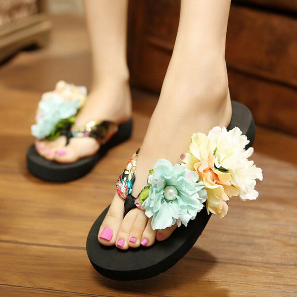 Bohemia Flowers Woman Beach Flip Flops Summer Sandals Slip- Resistant Slippers Platform Sandal XWT290