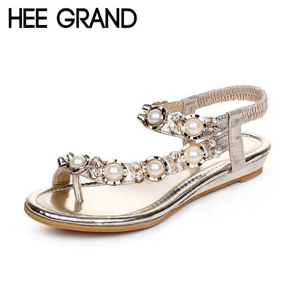 Rhinestone Woman Roman Sandals Flat With Summer Shoes Beach Bohemia Beading Elastic Band Flip Flops XWZ2035