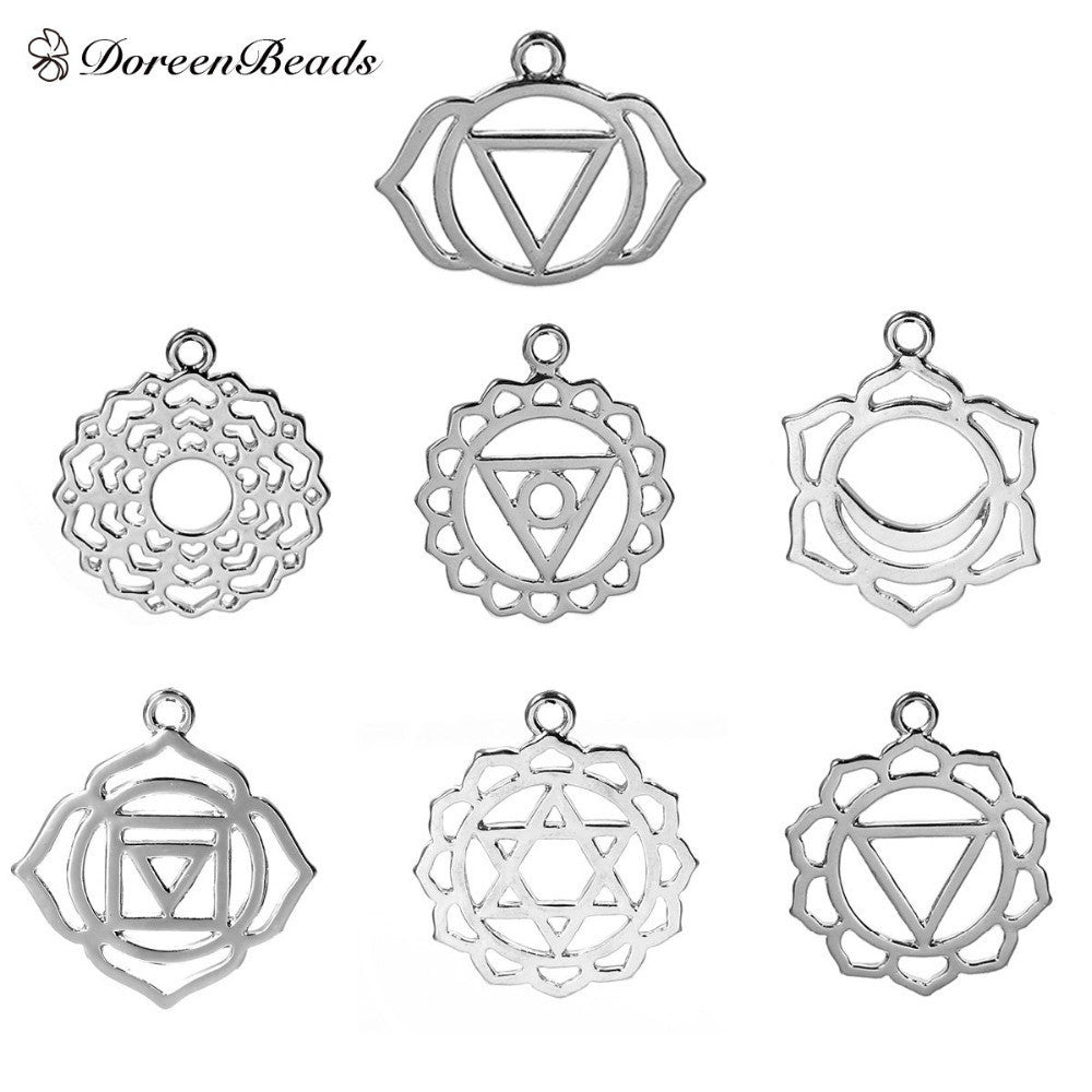 Zinc Based Alloy Chakra Pendants Mixed Silver Tone Hollow 3.1cm x2.7cm(1 2/8" x1 1/8") - 29mm x23mm(1 1/8" x 7/8"), 7 PCs