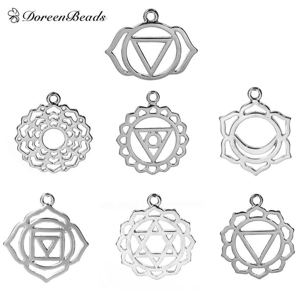 Zinc Based Alloy Chakra Pendants Mixed Silver Tone Hollow 3.1cm x2.7cm(1 2/8" x1 1/8") - 29mm x23mm(1 1/8" x 7/8"), 7 PCs