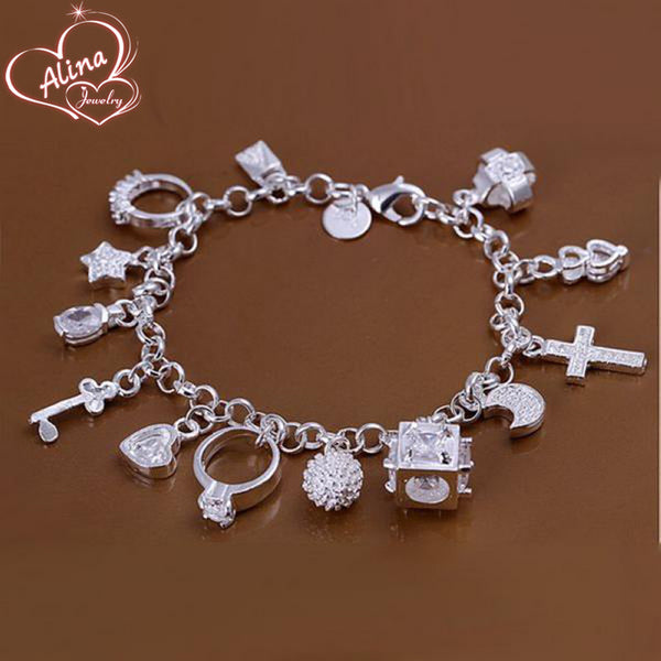 New Wholesale High Quality Silver Plated bracelet Silver Fashion jewelry charm bracelets for women 13 pendants bracelet & bangle