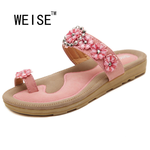 WEISE 2016 New Sweet Bohemian Flower Women Sandals Flat With Shoes Rhinestone Fashion Flip Flops Large Size Casual Shoes 35-41