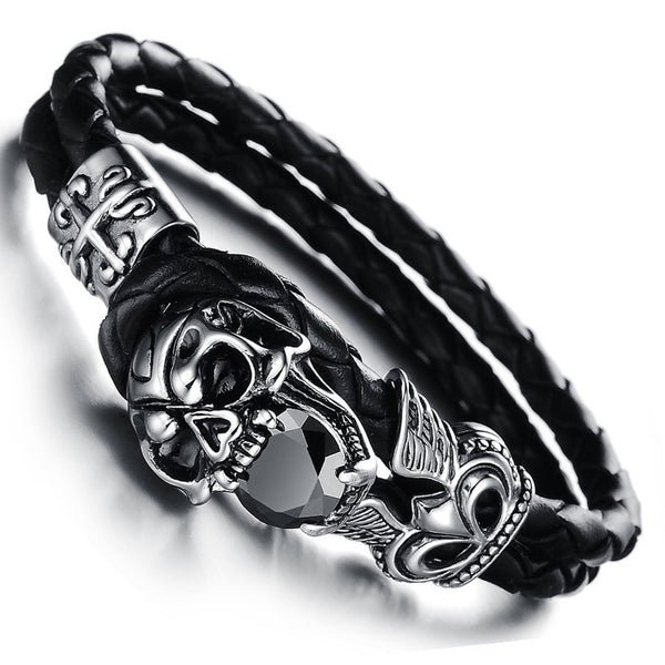 Wholesale Fashion Punk Jewelry Stainless Steel Skull Bracelets Black Genuine Leather Zirconia Men Bangles Party Gifts LPH846