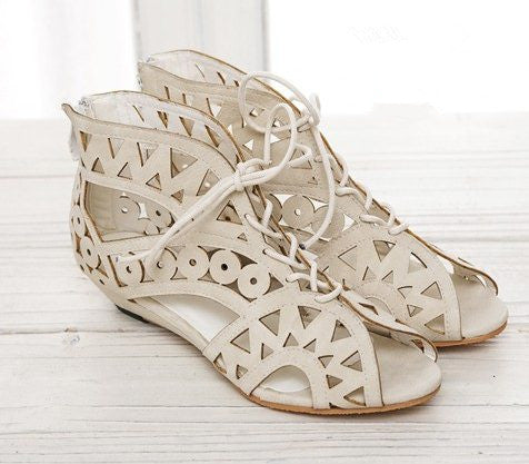 Big Size 31-43 Fashion Cutouts Lace Up Women Sandals Open Toe Low Wedges Bohemian Summer Shoes Beach shoes women AA516