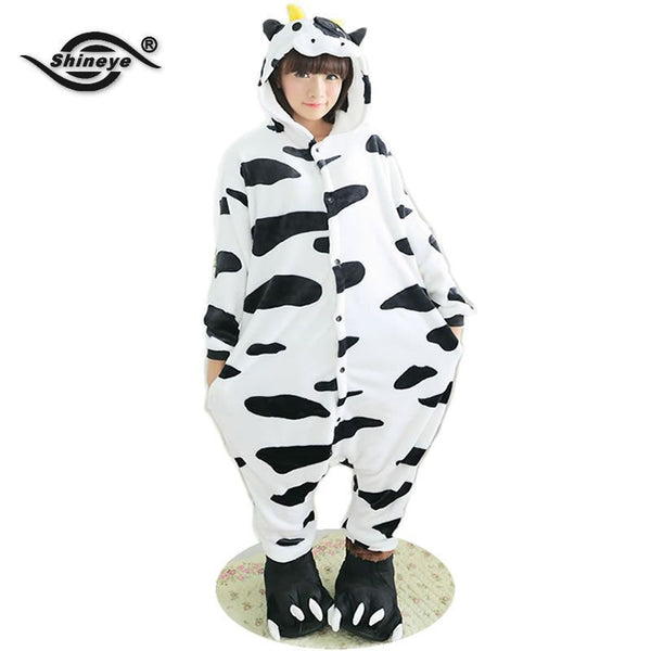 Shineye Cow Unisex Adult Flannel Hooded Pajamas Adults Cosplay Cartoon Cute Animal Onesies Sleepwear  For Women Men