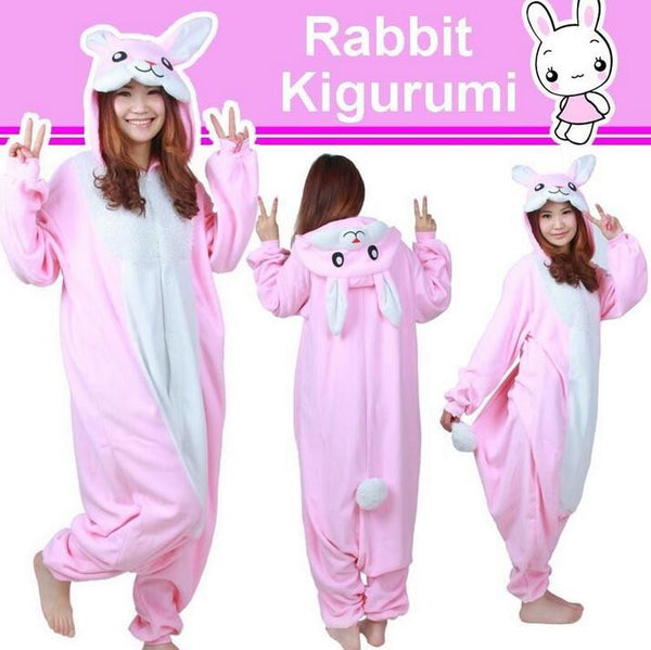 Cute Pink Rabbit Bunny Fleece Onesie Kigurumi Pajamas Lolita Animal Sleepwear Cosplay Costume