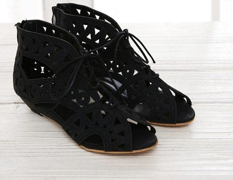 Big Size 31-43 Fashion Cutouts Lace Up Women Sandals Open Toe Low Wedges Bohemian Summer Shoes Beach shoes women AA516