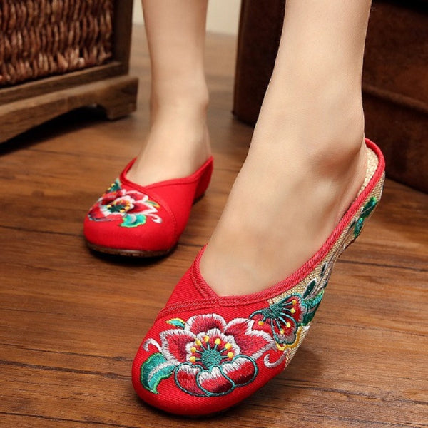 New Chinese Embroidered Slippers Hibiscus Canvas Linen Embroidery Ladies Casual Womens Shoes