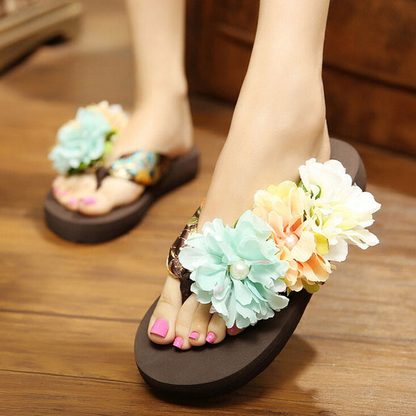 Bohemia Flowers Woman Beach Flip Flops Summer Sandals Slip- Resistant Slippers Platform Sandal XWT290