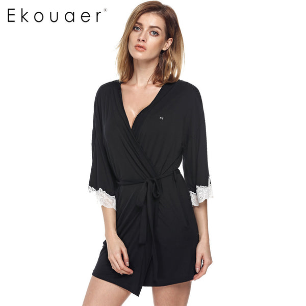 Ekouaer Women Sleepwear Nightwear Kimono Robe Soild Winter Autumn Casual Cotton Bathrobe Belt Elegant Bathroom Spa Robe