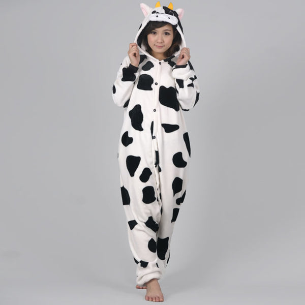 Shineye Cow Unisex Adult Flannel Hooded Pajamas Adults Cosplay Cartoon Cute Animal Onesies Sleepwear  For Women Men