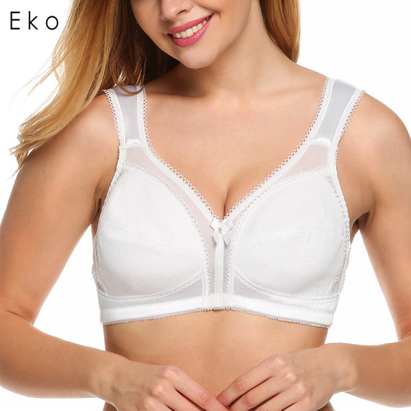 Ekouaer Women Bra Soft Cups Wireless Full Coverage Bra Flower plus size 36-44 D DD E F G Wide shoulder straps Lingerie for Women