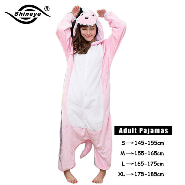 Shineye Panda Unicorn Stitch Giraffe Unisex Adults Flannel Pajamas Sets Cosplay Cartoon Animal Onesies Sleepwear  For Women Men