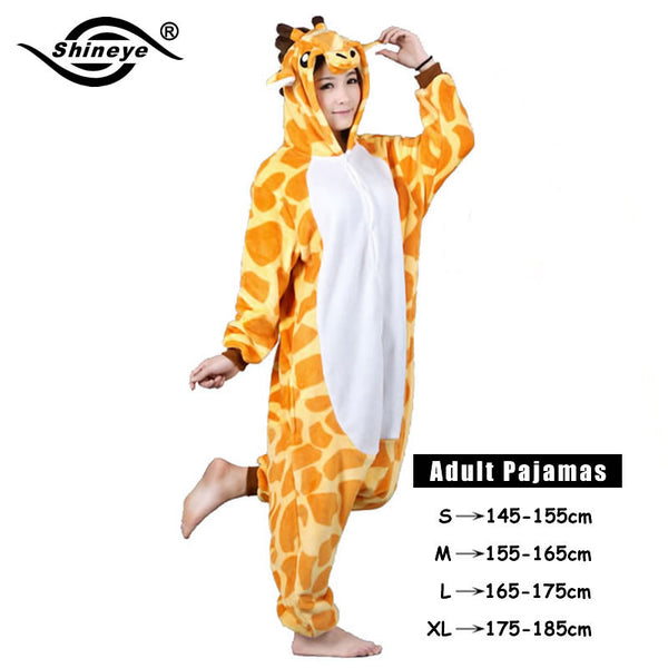 Shineye Panda Unicorn Stitch Giraffe Unisex Adults Flannel Pajamas Sets Cosplay Cartoon Animal Onesies Sleepwear  For Women Men