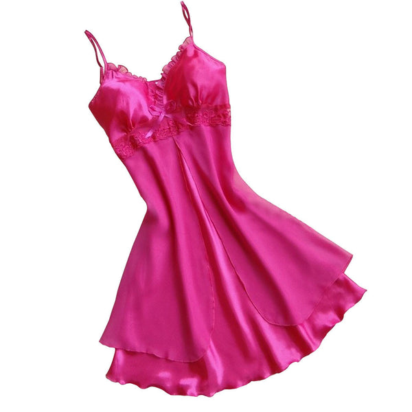 Sexy Women Lace Short Mini Braces Nightdress Smooth Satin Nightgown Pajams Sleepwear