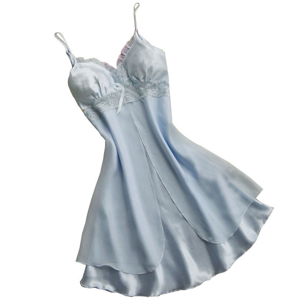 Sexy Women Lace Short Mini Braces Nightdress Smooth Satin Nightgown Pajams Sleepwear