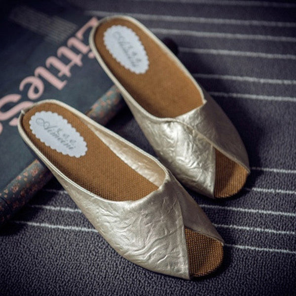 Summer  Solid Soft Leather Fish Head Female Slippers Flat  Soft Bottom Comfort Leisure Women Sandals Lazy People Slides#SJL148