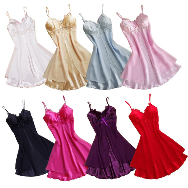 Sexy Women Lace Short Mini Braces Nightdress Smooth Satin Nightgown Pajams Sleepwear