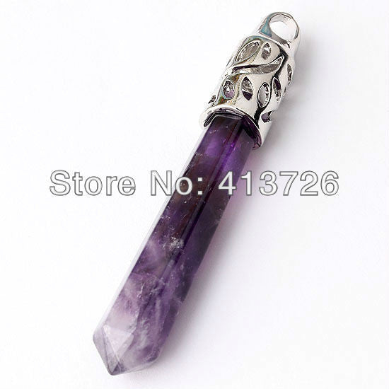 UMY Popular Silver Plated Natural Amethyst Crystal Reiki Healing Pendulum Pendant Fashion Jewelry