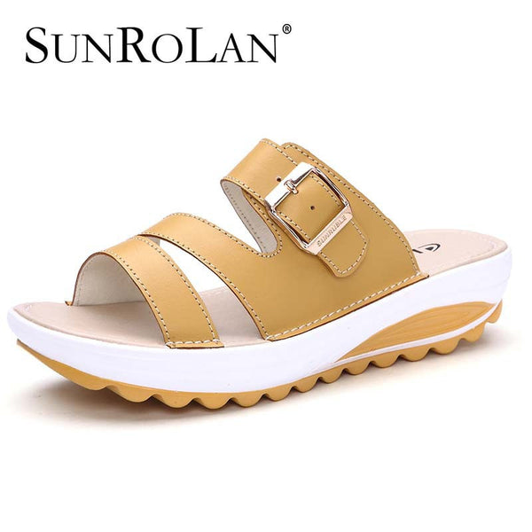 SUNROLAN Newest Genuine Leather Women Slippers Buckle Platform Sandals Slip-resistant Wedges Sandals Lady Sandalias LKS1522