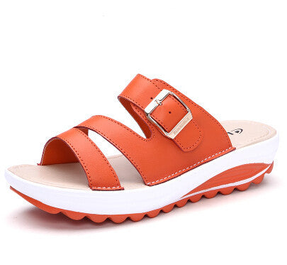 SUNROLAN Newest Genuine Leather Women Slippers Buckle Platform Sandals Slip-resistant Wedges Sandals Lady Sandalias LKS1522