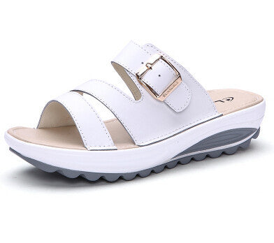 SUNROLAN Newest Genuine Leather Women Slippers Buckle Platform Sandals Slip-resistant Wedges Sandals Lady Sandalias LKS1522