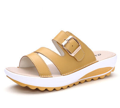 SUNROLAN Newest Genuine Leather Women Slippers Buckle Platform Sandals Slip-resistant Wedges Sandals Lady Sandalias LKS1522