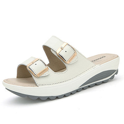 SUNROLAN Newest Genuine Leather Women Slippers Buckle Platform Sandals Slip-resistant Wedges Sandals Lady Sandalias LKS1522