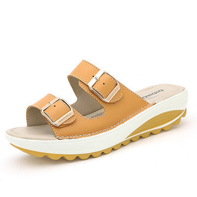 SUNROLAN Newest Genuine Leather Women Slippers Buckle Platform Sandals Slip-resistant Wedges Sandals Lady Sandalias LKS1522