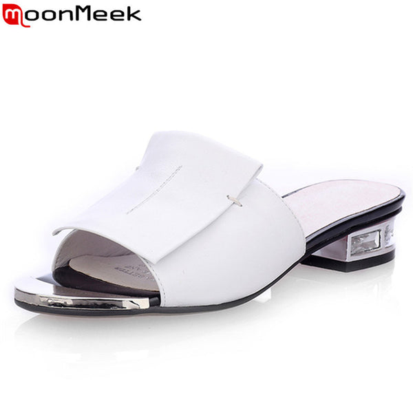 New summer high quality square heels genuine leather shoes women sandals ladies flat white and black open toe ladies slippers