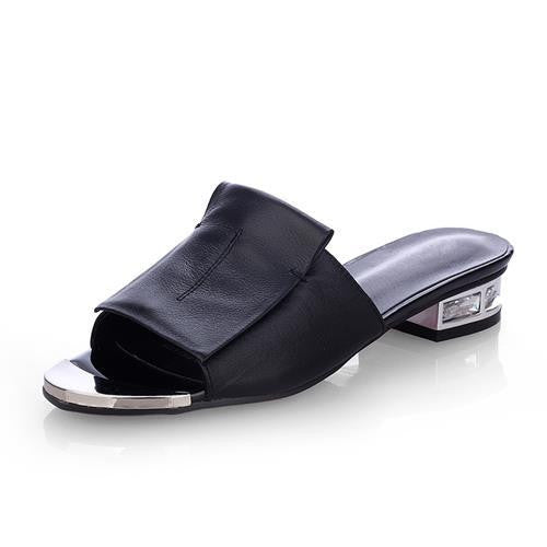 New summer high quality square heels genuine leather shoes women sandals ladies flat white and black open toe ladies slippers