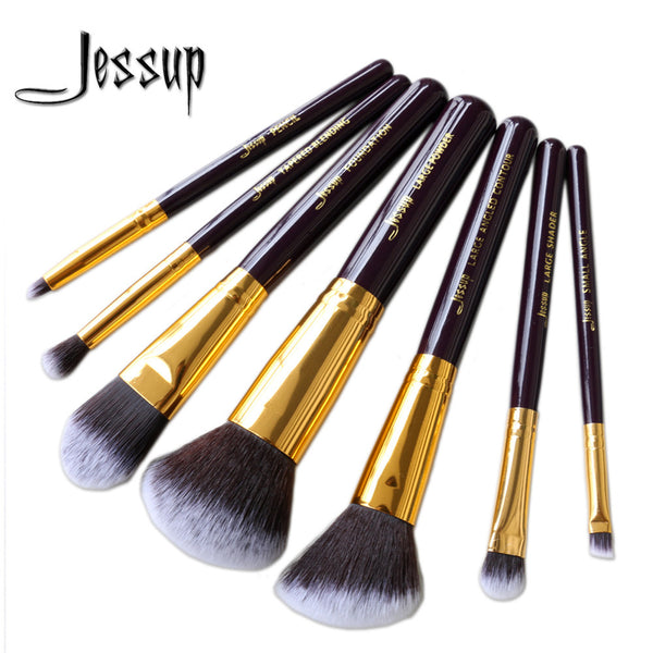 Jessup 7pcs set Pro MakeUp Cosmetic Set Eyeshadow Foundation wood Brush blusher Makeuo brushesTools Purple/Gold