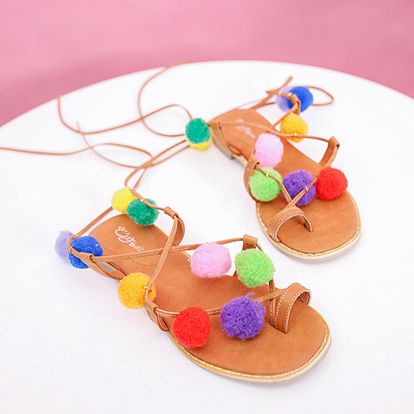 Pompom Flower Gladiator Women Sandals 2016 Fashion Lace Up Cross Strap Sexy Shoes Women Sandalias Mujer Sandale Femme XWF0690-5